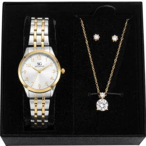 Kit Relógio Colar Brincos Bicolor Feminino Saint Germain Elegante