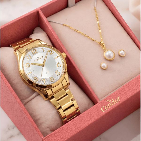 Kit Relógio Condor Feminino Dourado Aço Inoxidável Com Par De Brincos — Relógios e Óculos