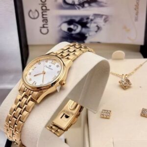 Kit Relógio Feminino Champion Dourado Colar e Brincos Ponto de Luz