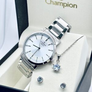 Kit Relógio Feminino Champion Elegance Colar e Brincos Original