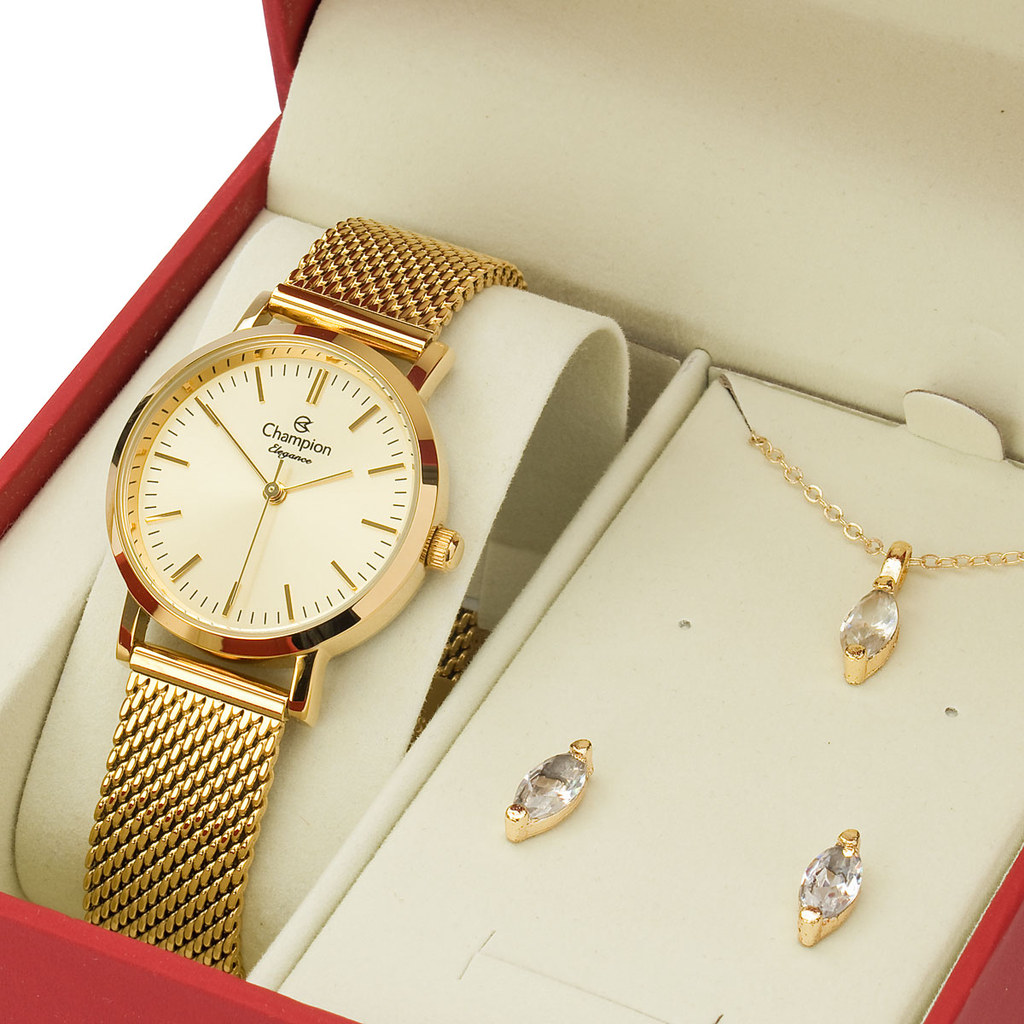Kit Relógio Feminino Dourado Champion Minimalista Colar e Brincos
