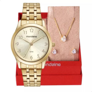 Kit Relógio Feminino Mondaine Dourado Aço Inox 31mm Colar e Brincos