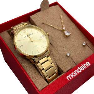 Kit Relógio Feminino Mondaine Dourado Aço Inox Colar e Caixa de