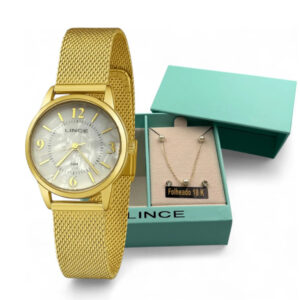 Kit Relógio Lince Feminino Dourado Original Aço Inox Pulseira Esteira