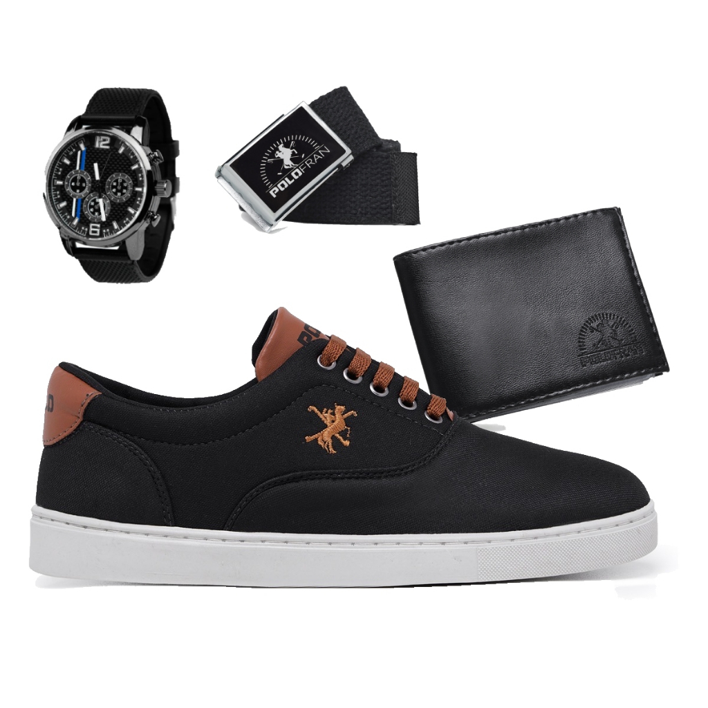 Kit Sapatênis Casual Polo Fran Cano Baixo Relógio Carteira Cinto Miami