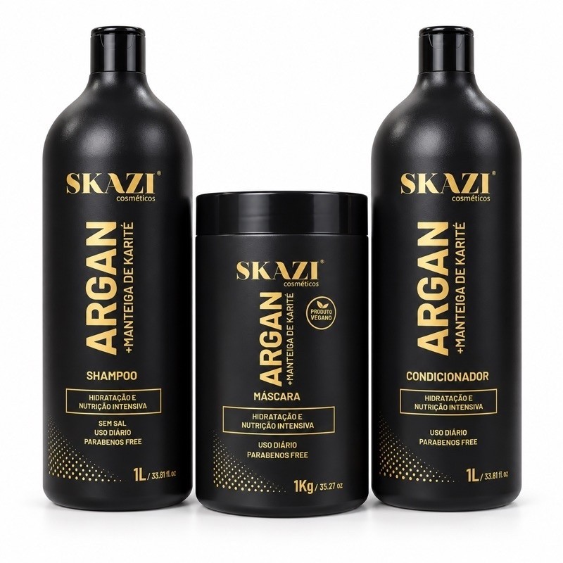 Kit Skazi Argan 3 em 1 Shampoo 1L Condicionador 1L Máscara 1kg