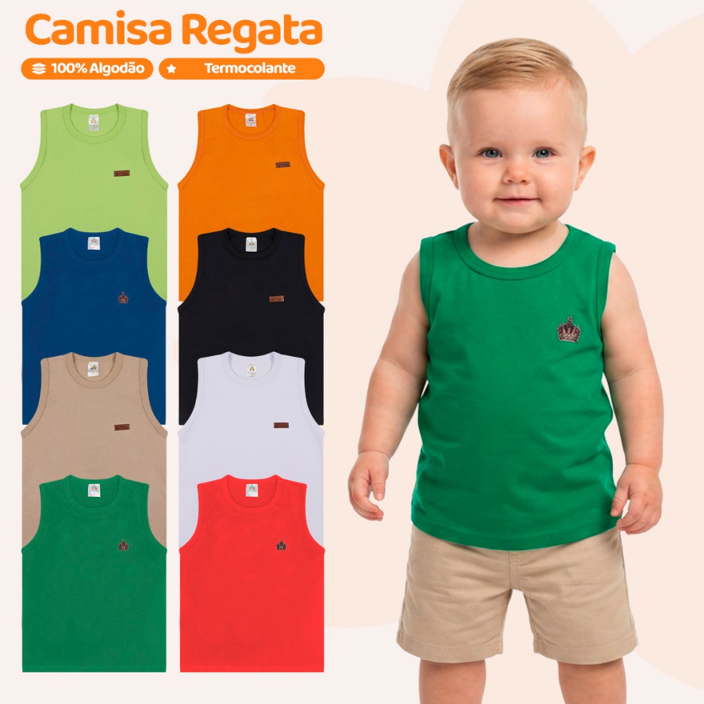 Kit Sortido 3 Regatas Infantil Menino Básica Lisa Tamanho 2 ao 12