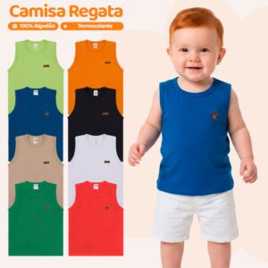 Kit Sortido 5 Regatas Infantil Menino Básica Lisa Tamanho 2 ao 12