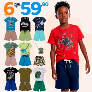 Kit Sortido 6 Peças de Roupas Infantil Menino 3 Camisetas 3 Bermudas