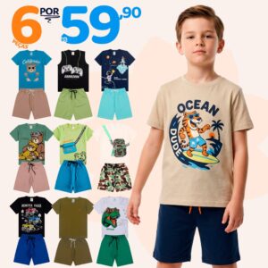 Kit Sortido 6 Peças de Roupas Infantil Menino Verão Roupa Infantil
