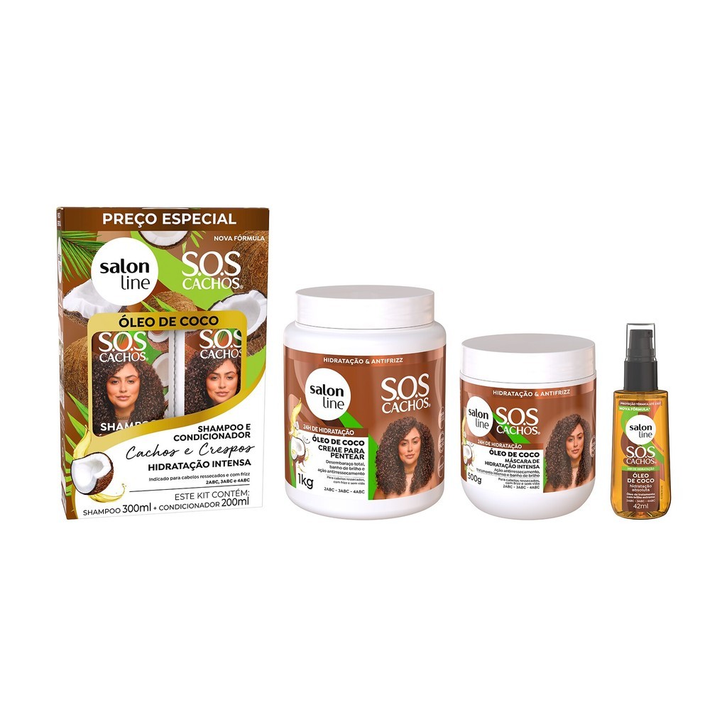Kit Sos Cachos Coco com Shampoo e Condicionador, Máscara, Óleo e