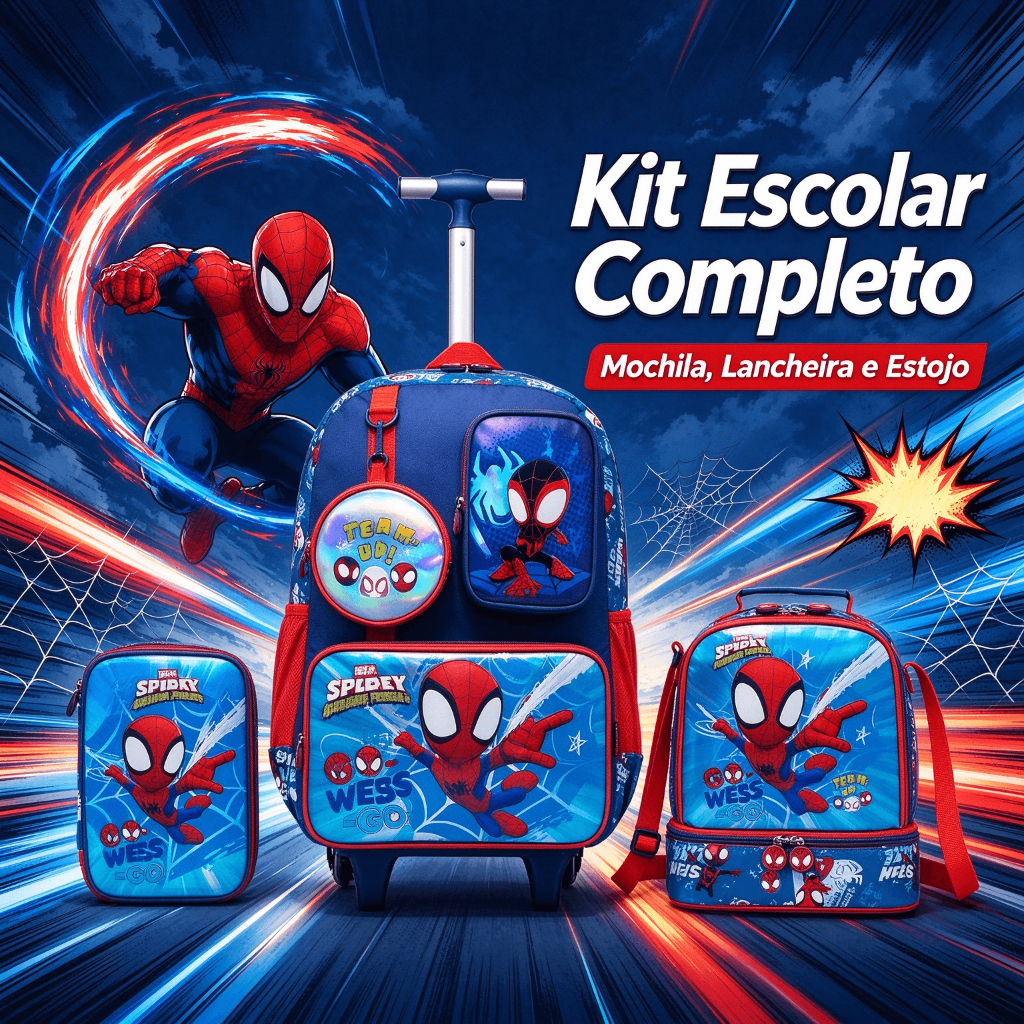Kit Spidey Mochila Rodinha Lancheira Estojo Escolar Infantil