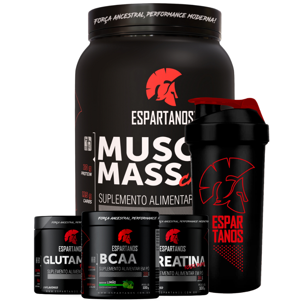 Kit Suplemento Hipercalórico Muscle Mass Bcaa Creatina Glutamina