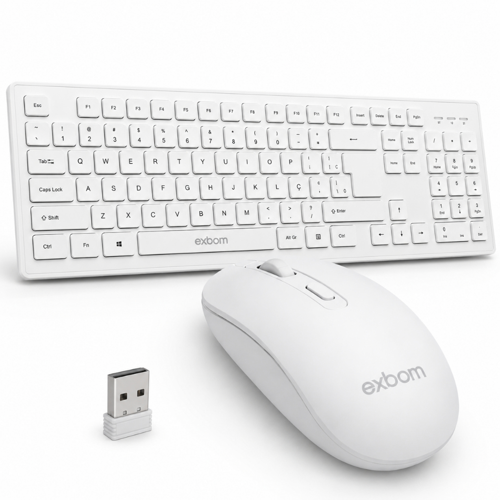 Kit Teclado Sem Fio Branco ABNT2 Mouse Ergonômico USB PC Notebook — Informática