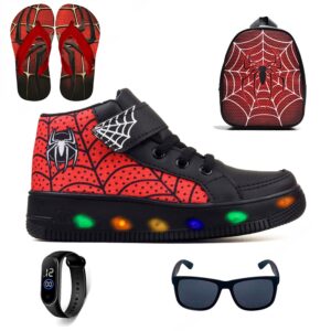 Kit Tenis Botinha de Led Meninos Cano Alto Aranha Ajuste Facil