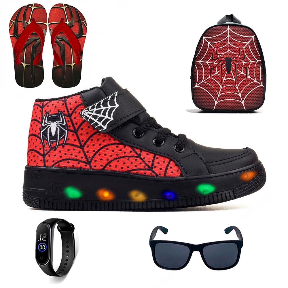 Kit Tenis Botinha de Led Meninos Cano Alto Aranha Ajuste Facil