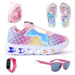 Kit Tenis De Led Feminino Sereia Glitter Refletivo Mochila Chinelo