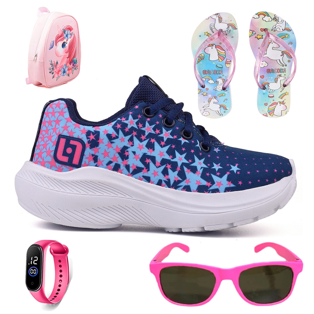 Kit Tênis Infantil Casual Meninas Escolar Basico Confortavel Mochila