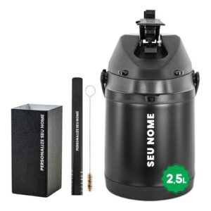 Kit Tereré Copo Bomba Garrafa Térmica 2.5l Inox Preto Seu Nome