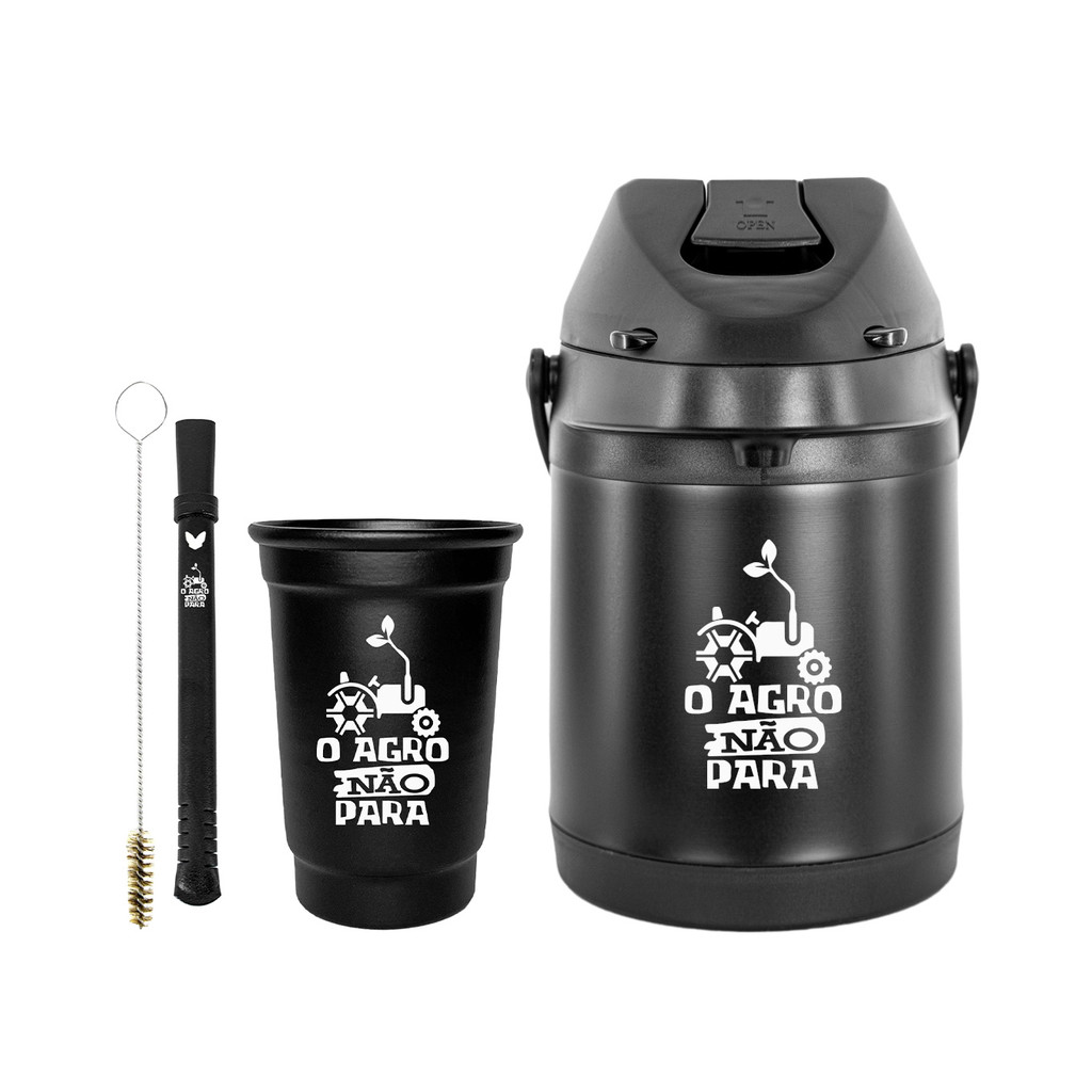 Kit Tereré Garrafa Térmica 2.5l Preta Bomba Chacal Preta Copo Preto