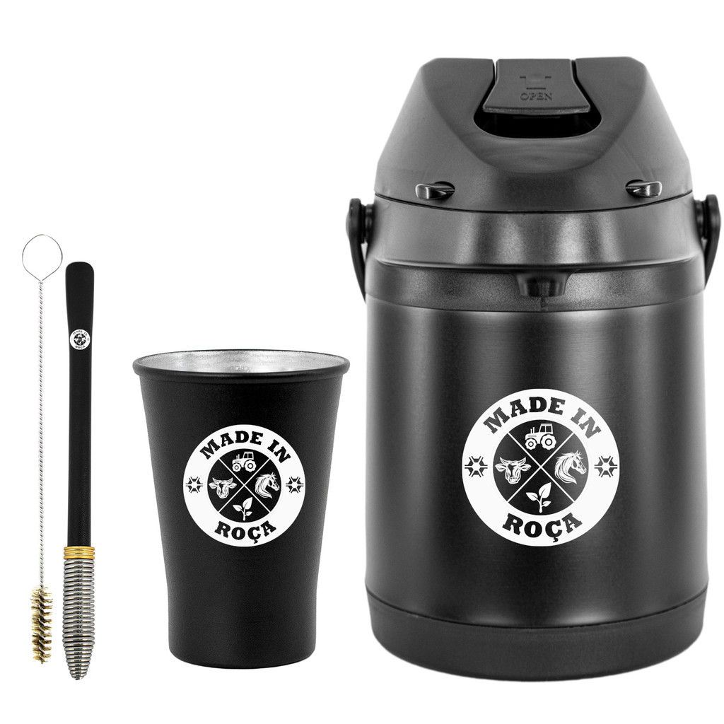 Kit Tereré Garrafa Térmica Preta 2.5l Bomba Mola Conica Preta Copo — Cozinha e Utensílios