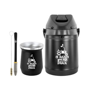 Kit Tereré Garrafa Térmica Preta 2.5l Bomba Mola Preta Copo Cuia