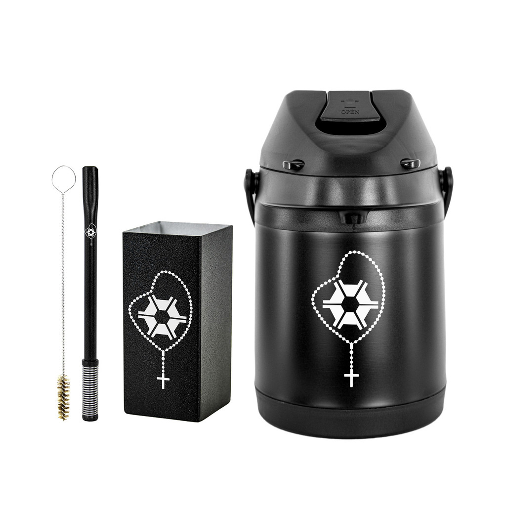Kit Tereré Garrafa Térmica Preta 2.5l Bomba Mola Preta Copo Quadrado