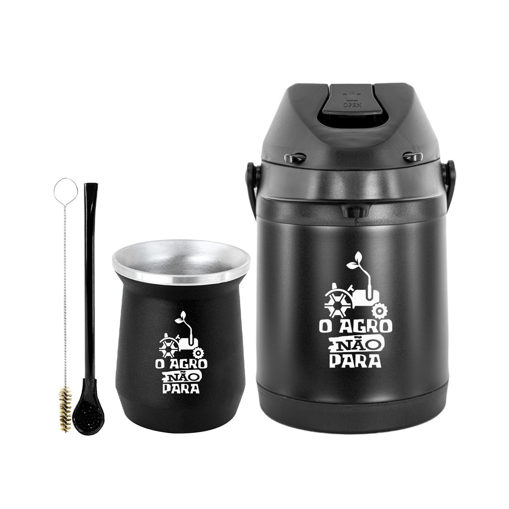 Kit Tereré Garrafa Térmica Preta 2.5l Bomba Preta Tradicional Copo