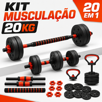 Kit Treino Funcional 20kg Musculação Barra Halteres Anilhas Supino