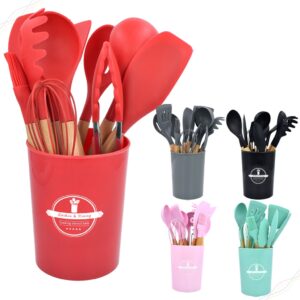 Kit Utensílios de Cozinha em Silicone e Cabo Madeira 12 Peças com