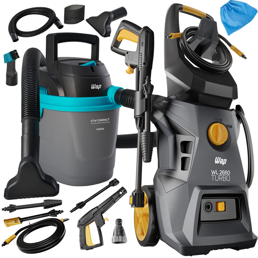 Kit Wap Lavadora Alta Pressão 1800W Rodas e Shampoozera Aspirador de