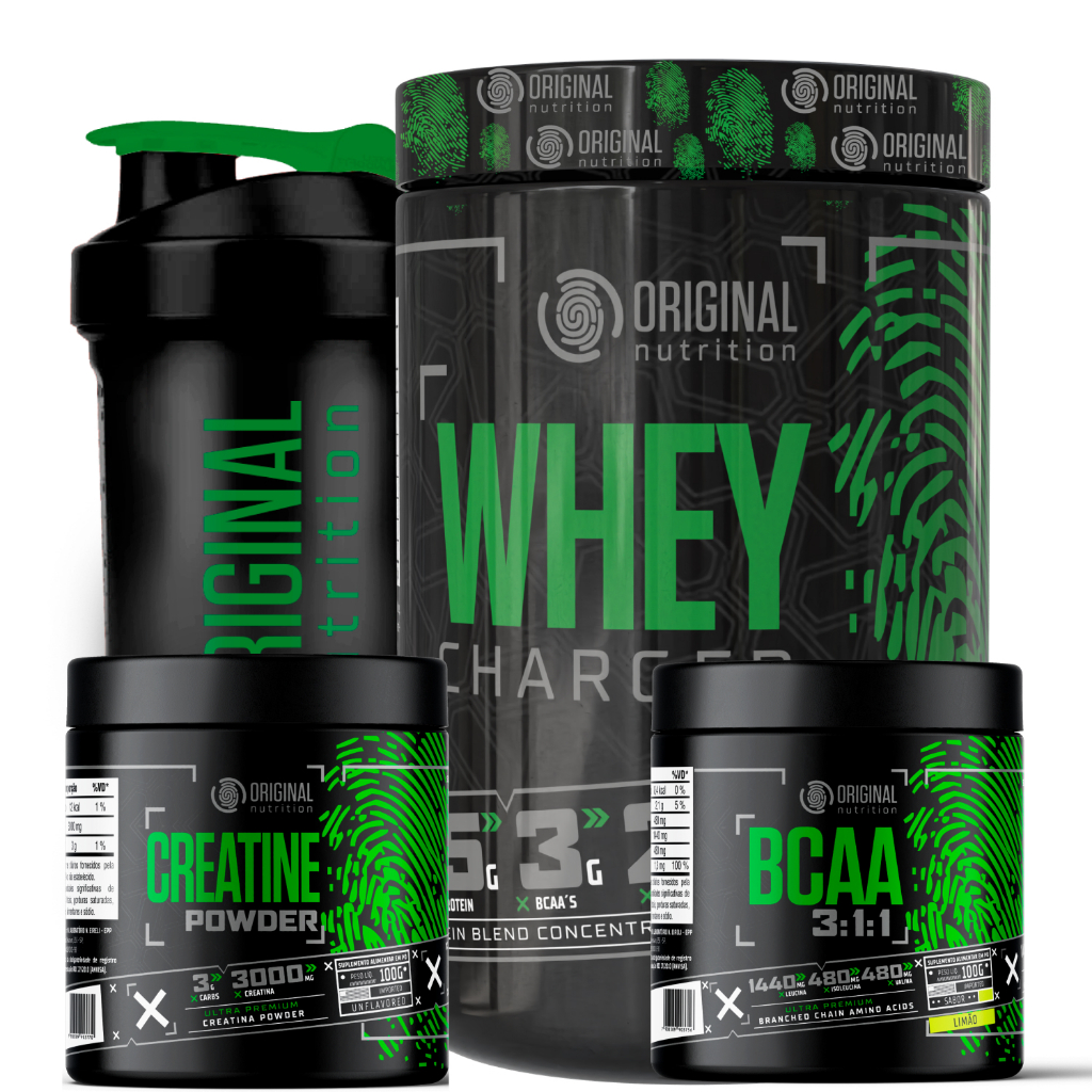 Kit Whey Protein Charged Original Bcaa Creatina Shaker Melhor custo