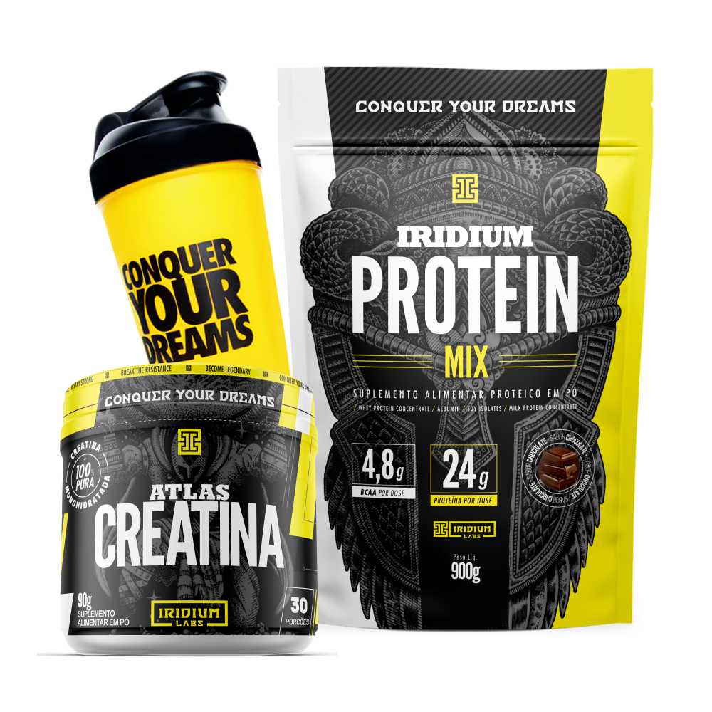 Kit Whey Protein mix Creatina 90g Coqueteleira 600ml Iridium Labs