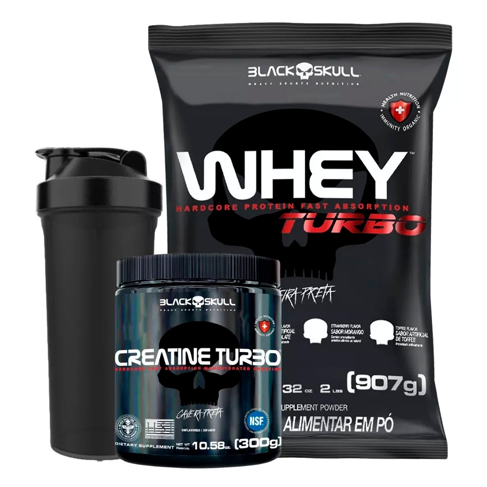 Kit Whey Protein Turbo 907g Creatina Turbo 300g Caveira Preta Black