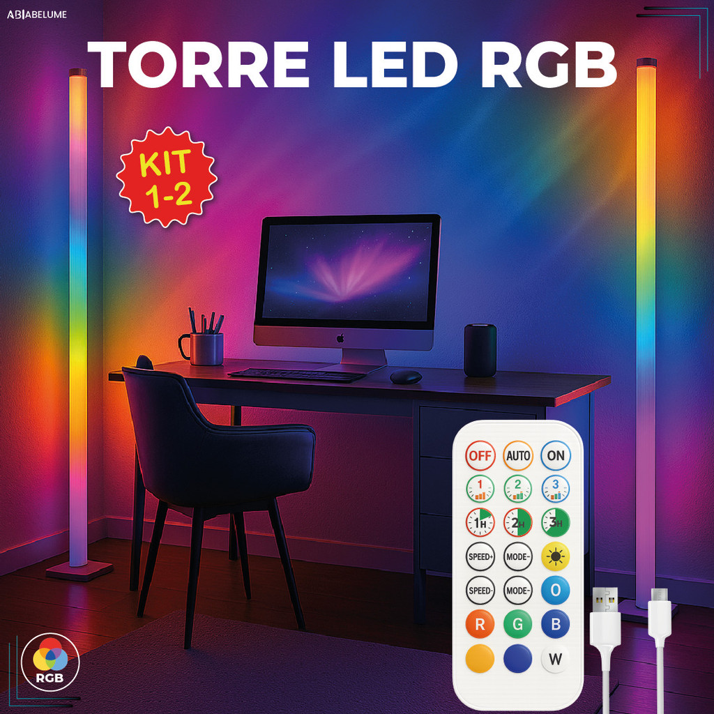 Kit1 2 Luminária de Chão RGB LED 5050 Torre Inteligente com Controle