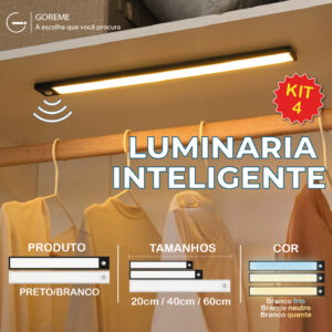 Kit4 Smart Luminária Inteligente Ultra LED com sensor de movimento