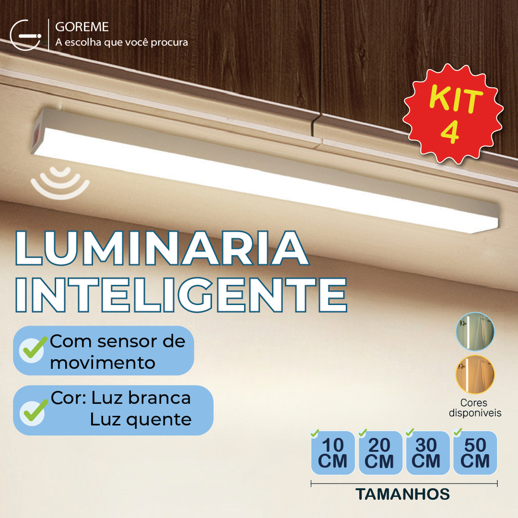 Kit4 Smart Luminária Inteligente Ultra LED com sensor de movimento
