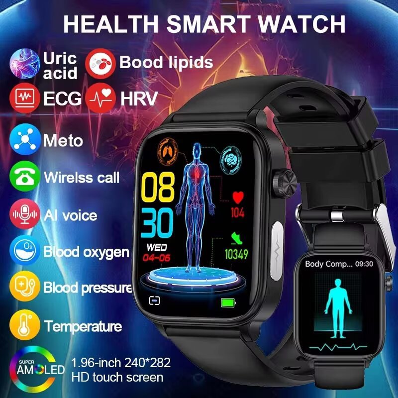 Lige Smart Watch 1.96 Ips Original Ecg Ppg Monitor De Saúde De Ácido