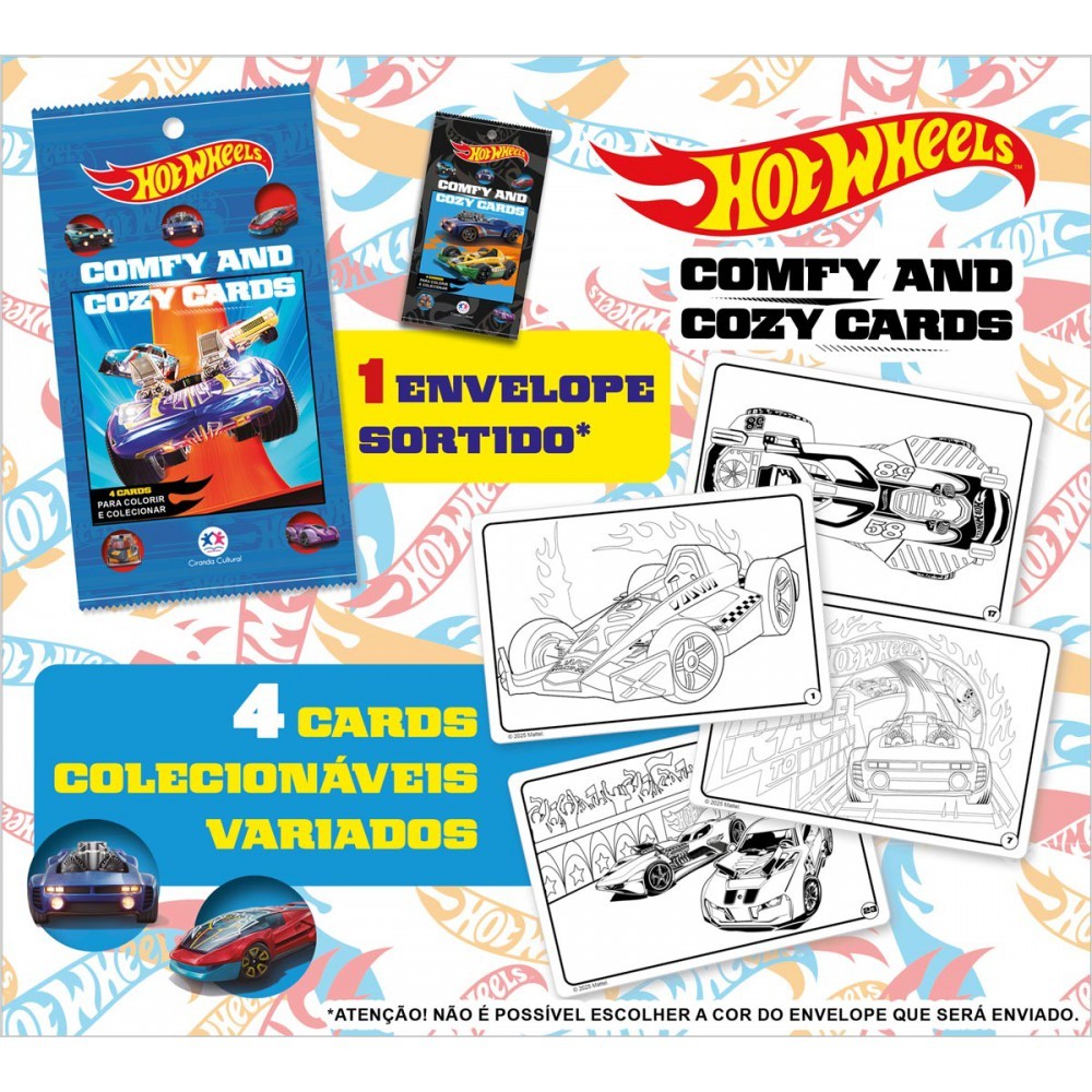 Livro Hot Wheels Comfy and Cozy 4 Cards para colorir e coleciona