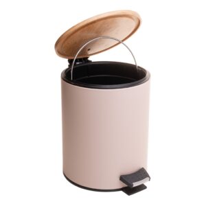 Lixeira Redonda com Tampa em Bambu e Pedal Lyor 5L Bege Aço Inox