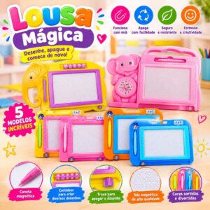 Lousa Mágica Grande Colorida Infantil com Caneta Magnética e Carimbos