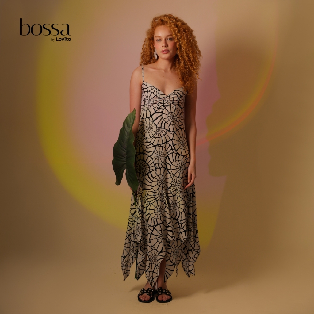 Lovito Bossa Vestido Feminino Midi em Viscose Pontas Assimétricas