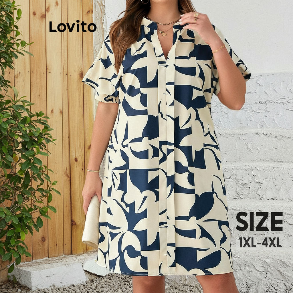 Lovito Casual Vestido Feminino Plus Size Plissado Floral para Verão e