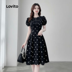 Lovito Casual Vestido Feminino Preto Primavera Verão com Caimento