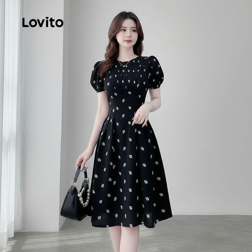 Lovito Casual Vestido Feminino Preto Primavera Verão com Caimento