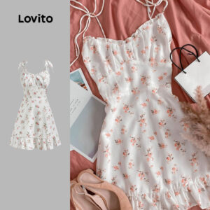 Lovito Curto Férias Vestido Feminino Com Babados E Estrutura De Renda