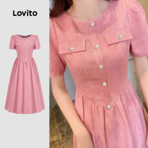 Lovito Elegante Nacional Vestido Feminino Rosa Com Fivela De Metal E