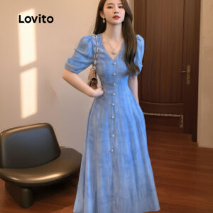 Lovito Elegante Vestido feminino Azul com botões para Primavera Verão