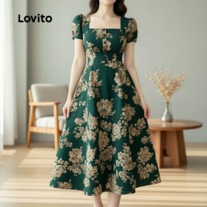 Lovito Elegante Vestido Feminino Primavera verão Tom Verde LK2ED004