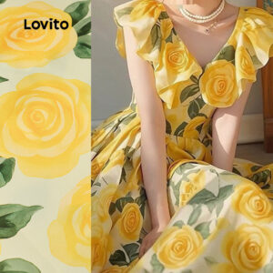 Lovito Férias Vestido feminino de verão com babados Floral cintura